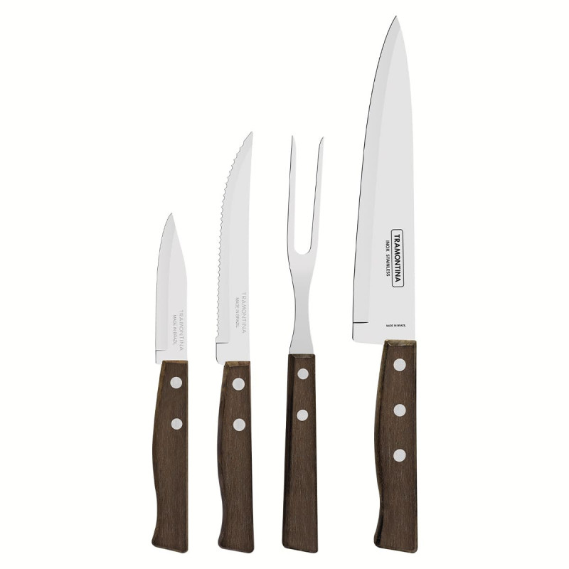 Set de Couteaux Traditional Tramontina - Lame en Acier Inoxydable et Manches en Bois Naturel - 4 Pièces