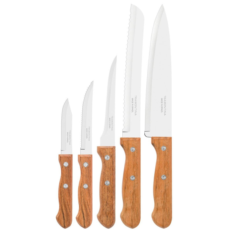 Set de Couteaux Dynamic Tramontina - Lame en Acier Inoxydable et Manches en Bois Naturel - 5 Pièces