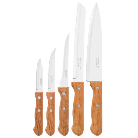 Set de Couteaux Dynamic Tramontina - Lame en Acier Inoxydable et Manches en Bois Naturel - 5 Pièces