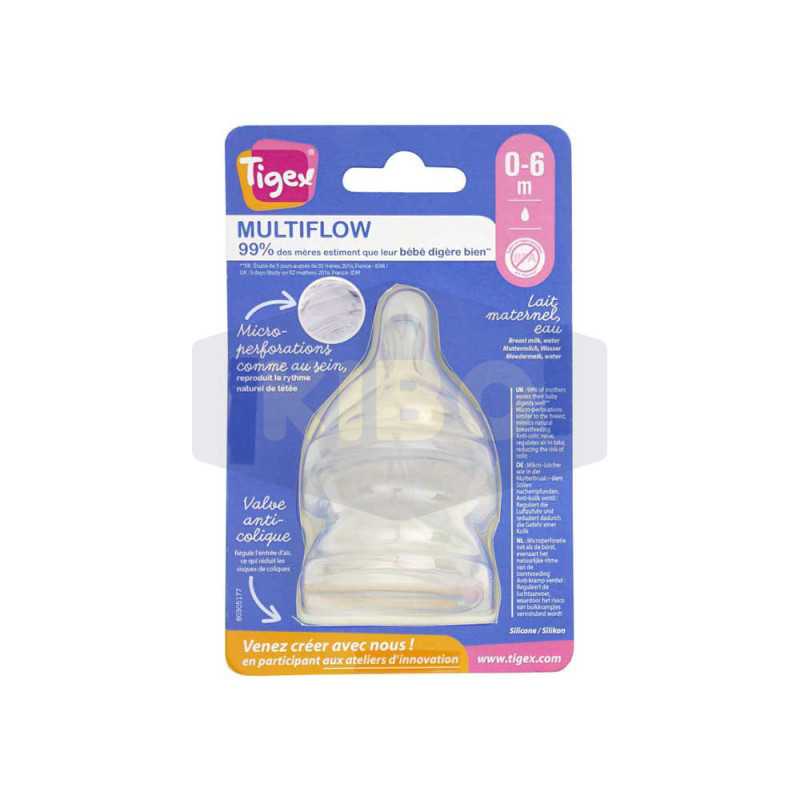Tétine en silicone base large Multiflow 0 à 6 mois Tigex 2 pièces Kibo